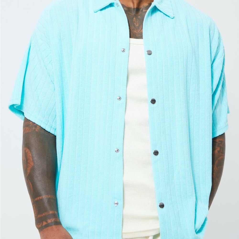 Men's Blue Short Sleeve Boxy Striped Towelling Shirt